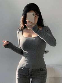 DAZY Women's Solid Color Casual Versatile Daily Long Sleeve T-Shirt - Dark Grey - View 10