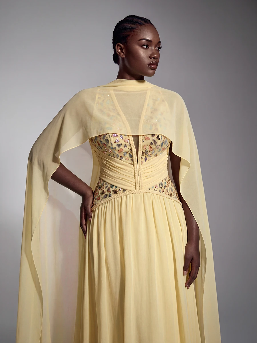 Elitara Plus Size Elegant Fashion Champagne Yellow Deep V Halter Neck Beaded Rhinestone Braided Rope A-Line Long Dress, Ruched Waist With Draped Ribbon Shawl Design, Suitable For Prom, Holiday Party, Wedding Event Formal Evening Gown