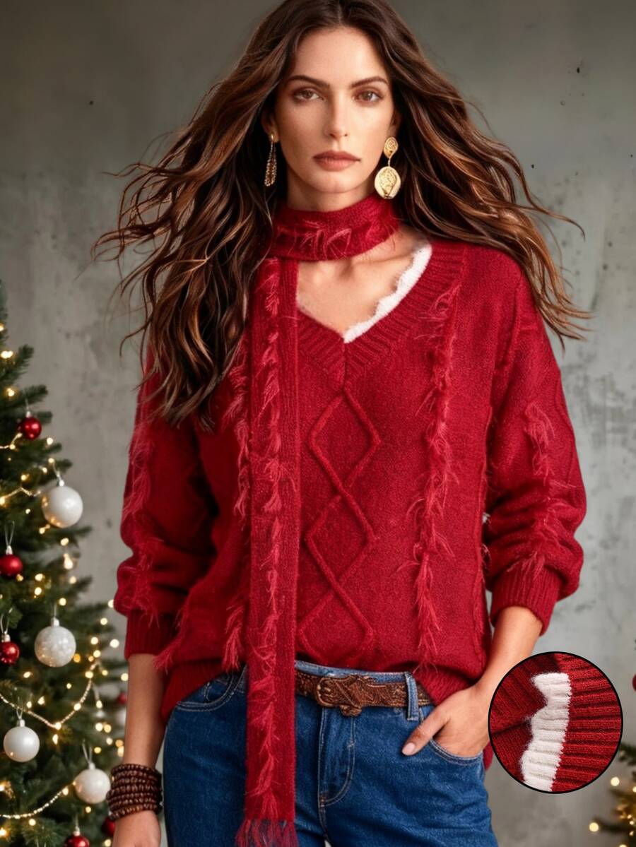 SHEIN Women's Sexy Plush Scarf And Long Sleeve Sweater Set