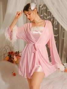 DelicateAllure Women's Satin Mesh Patchwork Fuzzy Trim Party Pajama Set - Pink - View 4