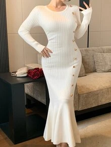 DAZY Autumn/Winter Round Neck Cream Ribbed Knit Gold Button Side Decor Slim Fit Mermaid Hem Elegant Date Commute Women's Sweater Dress - Beige - View 1