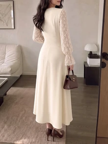 Modelyn Autumn/Winter Elegant Women's Long Dress V-Neck Design Long Sleeve Lace Fabric Patchwork Ruffle French Romantic Dress - Apricot - View 2