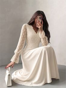 Modelyn Autumn/Winter Elegant Women's Long Dress V-Neck Design Long Sleeve Lace Fabric Patchwork Ruffle French Romantic Dress - Apricot - View 7
