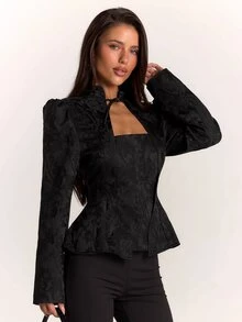 SHEIN BAE Women's Hollow Out Casual Daily Commute Travel Long Sleeve Blazer - Black - View 8