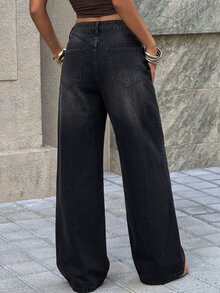 Muchica Women's Fashion Patchwork Embroidered Button Pocket Loose Fit Denim Jeans - Black - View 2