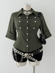 Sunspun Women Plus Size Army Green Utility Shirt, Fashion Button Decor Lapel Collar Blouse, Versatile Commute Mid Sleeve Shirt Top Fall - Army Green - View 8