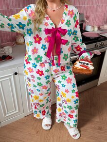Slumberry CURVE Sweet & Cute Contrast Color Bowknot Colorful Floral Pattern Plus Size Pajama Set - Multicolor - View 5
