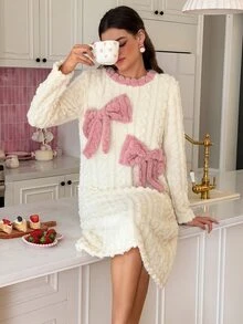 SweetSlumber Women's Bow Plush Long Nightgown - White - View 4