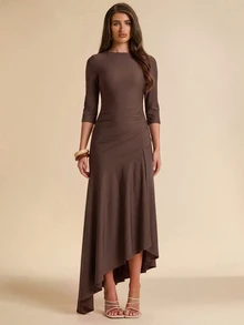 SHEIN BAE Fall Winter Chocolate Brown Ruched Asymmetric Hem Bodycon Elegant Midi Dress Thanksgiving Day Of The Dead Brunch Party Going Out - Brown - View 7