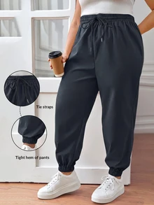 SHEIN CURVE+ 女款大尺碼休閒運動抽繩腰長褲，慢跑褲，寬鬆版型，秋冬 2026 22W - 深灰色 - 查看 1