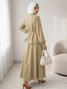 Solavon New Design Modern Chinese Style Frog Button Waist Tie Blouse And Skirt Casual Versatile Set - Khaki - View 6