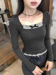 DAZY Women's Dark Gray Square Neck Bowknot Ruffle Trim Fitted Long Sleeve Sweet Short T-Shirt - Black - View 6