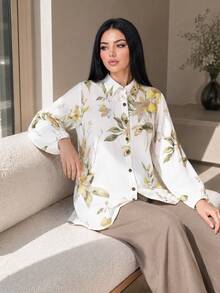Auveirra Plus Size Women Floral Print Long Sleeve Top And Pants Casual Daily 2 Pieces Set - Brown - View 3