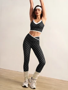 VARSIVA Women's Polka Dot Print Camisole Top And Criss-Cross Waist Contrast Color Long Pants Sports Set - Black and White - View 4