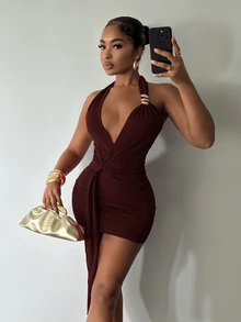 Slaydiva Summer New Elegant Party Sexy Vacation Beach Backless Ruched Twist Red Shiny Ice Silk Women Mini Dress-A - Rust Brown - View 6