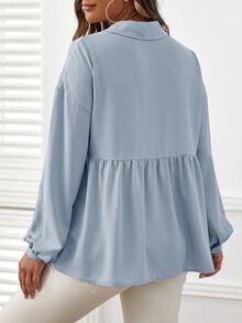 SHEIN Maternity Solid Color Pleated Casual Daily Long Sleeve Blouse - Dusty Blue - View 4