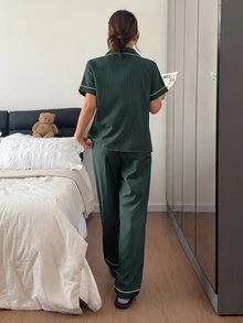 Napfluff 春夏女款休閒舒適條紋圖案開襟短袖長褲睡衣套裝 - 綠色 - 查看 3