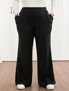 SHEIN CURVE+ 大尺碼女款黑色羅紋針織修身喇叭褲，秋冬款 - 黑色 - 查看 4