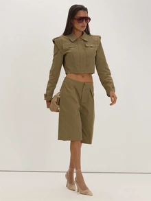 MUSEYN Khaki Woven Cropped Epaulette Style Blazer Versatile Everyday Casual Fall - Army Green - View 5