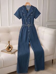 GlowEve CURVE Plus Size Button Lapel Pocket Denim Overalls - Medium Wash - View 2