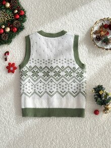 Elamini Women's Autumn/Winter Christmas Snowflake Pattern Rhombus Jacquard Button Contrast Color Cute Delicate Atmosphere Knit Sweater Vest - White - View 2