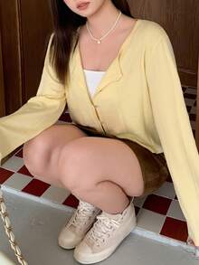 Dazy Plus Plus Size Korean Style Spring/Autumn Jacquard Button Long Sleeve Knit Cardigan - Yellow - View 3