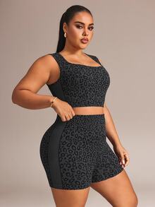 Easithlete Plus Size Leopard Print Crop Tank Top & High Waist Biker Shorts Sports Set - Black - View 4
