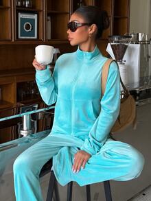 Muchica Women's Solid Color Long Sleeve Zip-Up Hoodie And Pants Casual 2 Pieces Set - Pink - View 3