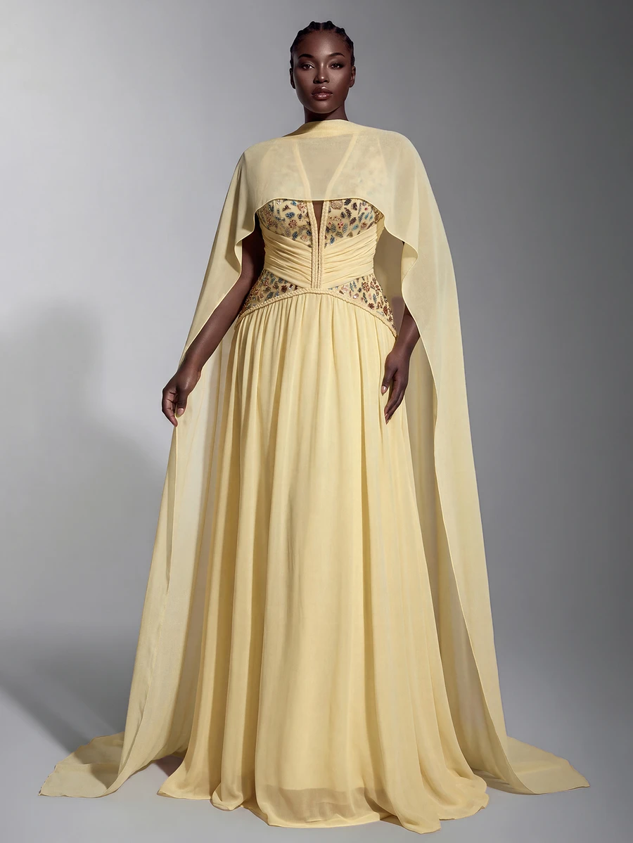 Elitara Gaun Panjang A-Line Elegan Ukuran Plus Warna Kuning Champagne dengan Leher Halter V Dalam, Hiasan Manik-manik dan Rhinestone, Pinggang Berkerut dengan Desain Selendang Pita, Cocok untuk Pesta Prom, Pesta Liburan, Acara Pernikahan, dan Gaun Malam Formal - Sampanye - View 1