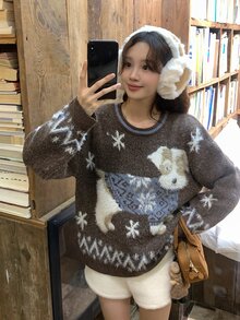 DAZY Brown Round Neck Christmas Colorblock Knit Loose Fit Long Sleeve Elegant Gentle Versatile Sweater For Women Winter - Coffee Brown - View 3