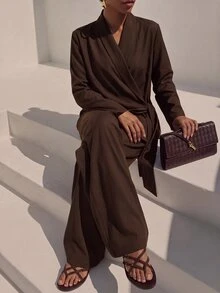 Zivah Solid Wrap Knot Side Blazer & Wide Leg Pants Suit Set - Brown - View 7