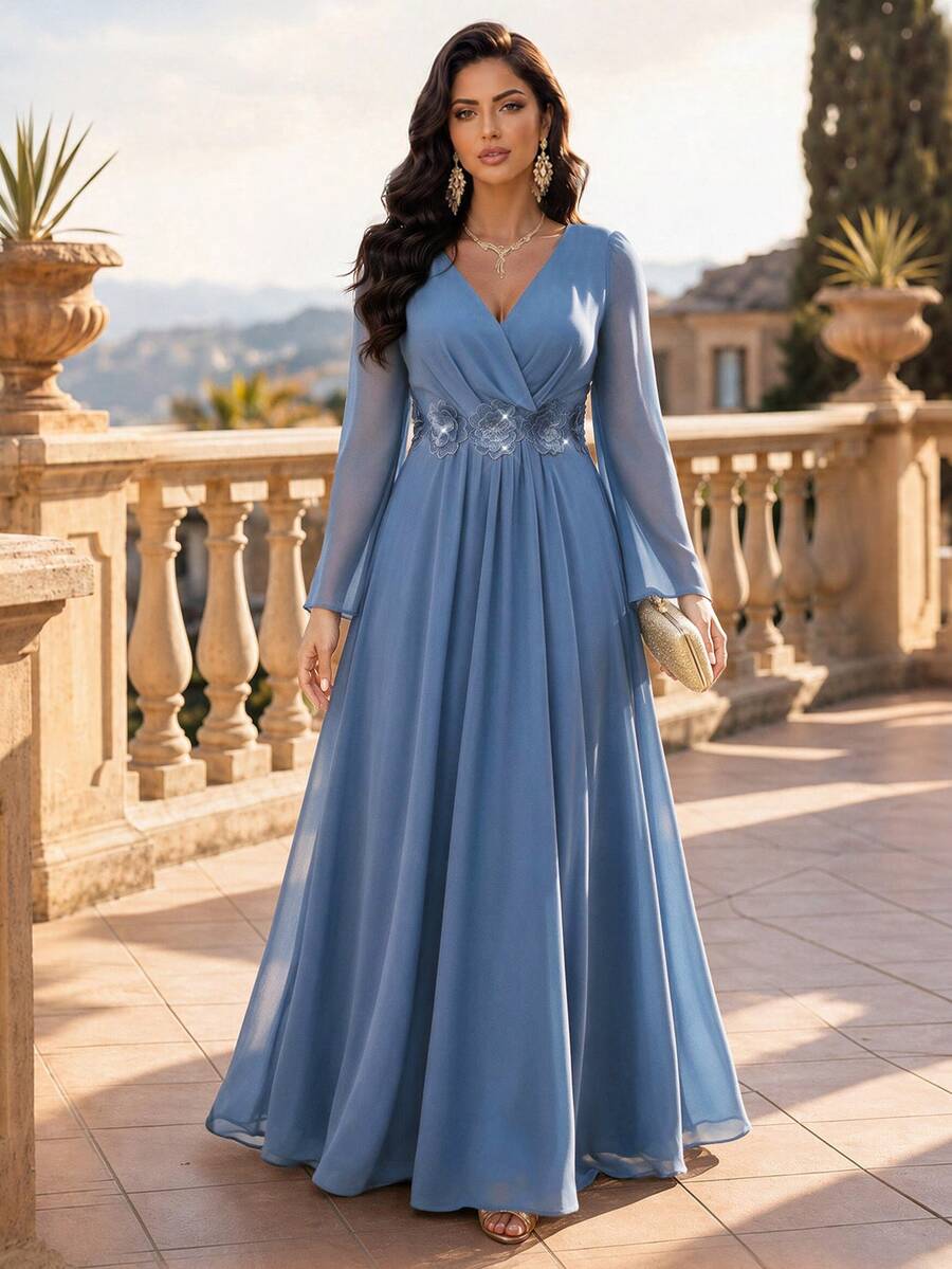 Auveirra Plus Size French Elegant 3D Floral Decor Long Sleeve Dress - Blue - View 1
