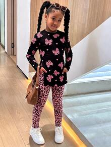 青少年女孩寬鬆長袖側開衩修身打底褲 2 件套 卡通圖案校園風 - 白色 - 查看 3