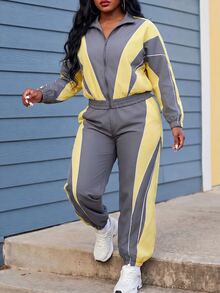 Slaydiva Plus Size Striped Colorblock Zip-Up Top And Loose Pants 2 Pieces Set - Multicolor - View 1