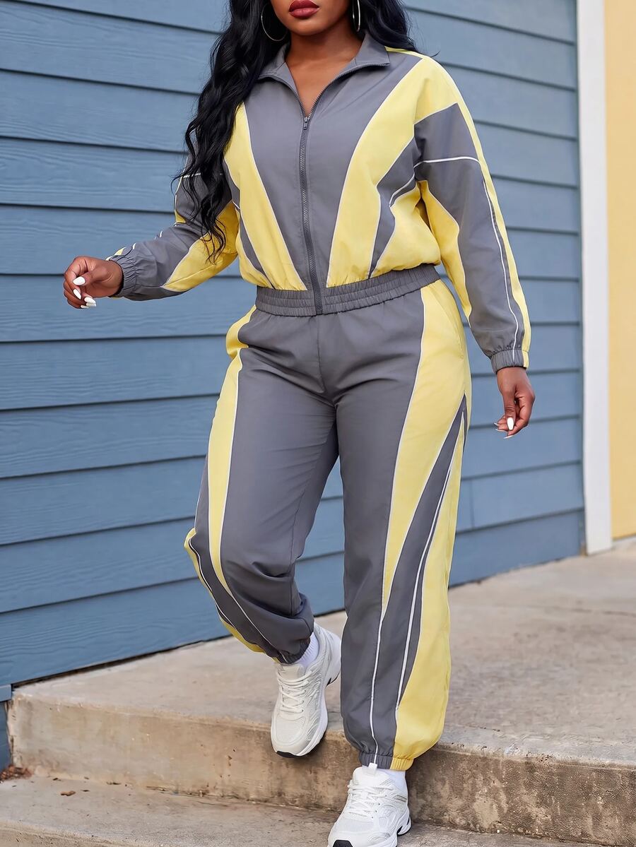 Slaydiva Plus Size Striped Colorblock Zip-Up Top And Loose Pants 2 Pieces Set - Multicolor - View 1