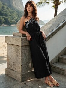 CAJUNI Chic Vacation Chic Elegant Flower Embellishment Jumpsuit - Black - View 6