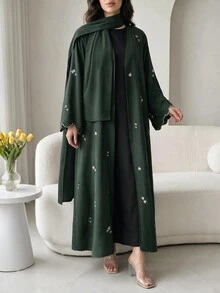 Al Najma Women's Floral Embroidered Pattern Casual Gathering Abaya - Green - View 4
