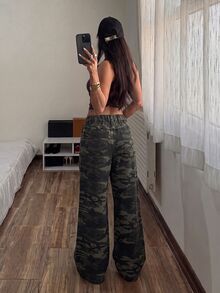 Muchica Celana Jeans Wanita Kasual Warna Hijau Zaitun Model Lurus - Hijau Tentara - View 2