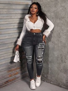 SHEIN MOD Plus Size Women's High Waist Pocket Distressed Skinny Casual Jeans - Black - View 6