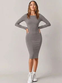 SHEIN BASICS 純色貼身中長洋裝，商務休閒女款／優雅夏季女裝套裝 - 灰色 - 查看 5