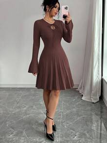 SHEIN Raffinéa Women's Minimalist Vintage Tie-Up Pleated Knit Dress - Coffee Brown - View 3