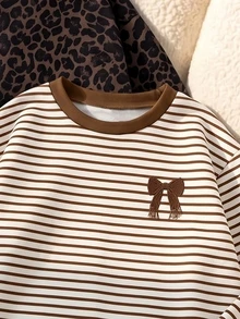3 Random Pcs Girls' American College Style Bow Detail Brown Striped Crew Neck Sweatshirt, Cute Drop Shoulder Pullover Top For Big Tween Girl, New Leopard Print Pattern, Solid Color All-Match Versatile Sweatshirt, Suitable For Autumn/Winter Outdoor Wear - Multicolor - View 4
