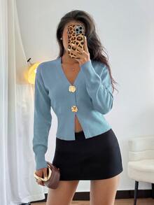 Elyressa 女款時尚休閒法式優雅極簡不對稱鈕扣針織開襟開襟毛衣上衣 高級設計 開襟款 早午餐穿搭 灰藍色 秋季 - 霧霾藍 - 查看 1