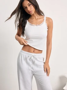 Ocili Grey Sweatshirt Pants Camisole Comfortable Cotton Top Lace Ruffle Wave Edge Cami Long Pants Women Loungewear Set - Light Grey - View 6