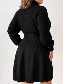SHEIN LUNE Plus Size Women's Solid Color Stand Collar Casual Daily Knit Dress - Black - View 2
