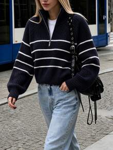 Pariaura Pull à manches raglan avec demi-zip et motif rayé - Bleu marine - Voir 2