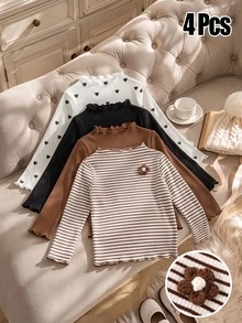 4pcs Girls Autumn/Winter Ribbed Solid Color, Ribbed & Heart Print Ruffle Long Sleeve Tops, Cute T-Shirts Base Layer Shirts Spring/Autumn, Versatile Fashion Tops - Multicolor - View 1