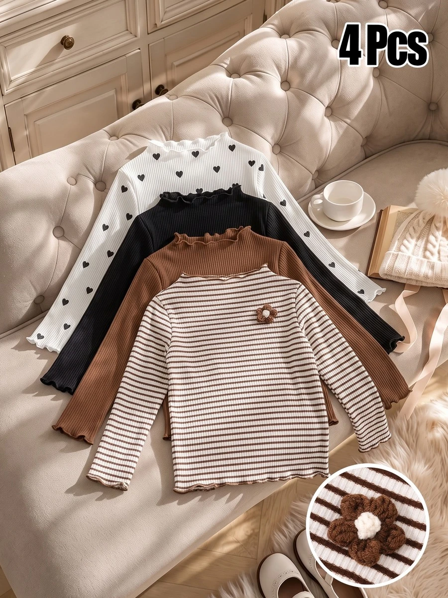 4pcs Girls Autumn/Winter Ribbed Solid Color, Ribbed & Heart Print Ruffle Long Sleeve Tops, Cute T-Shirts Base Layer Shirts Spring/Autumn, Versatile Fashion Tops - Multicolor - View 1