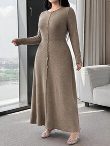 Feyla Plus Size Minimalist Pleated Frill Trim Fashion Versatile Dress - Khaki - View 7