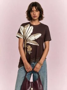 CAJUNI Chic Vacation Embroidery Golden Palm Tree Fancy Brown Lace Blouse - Brown - View 3